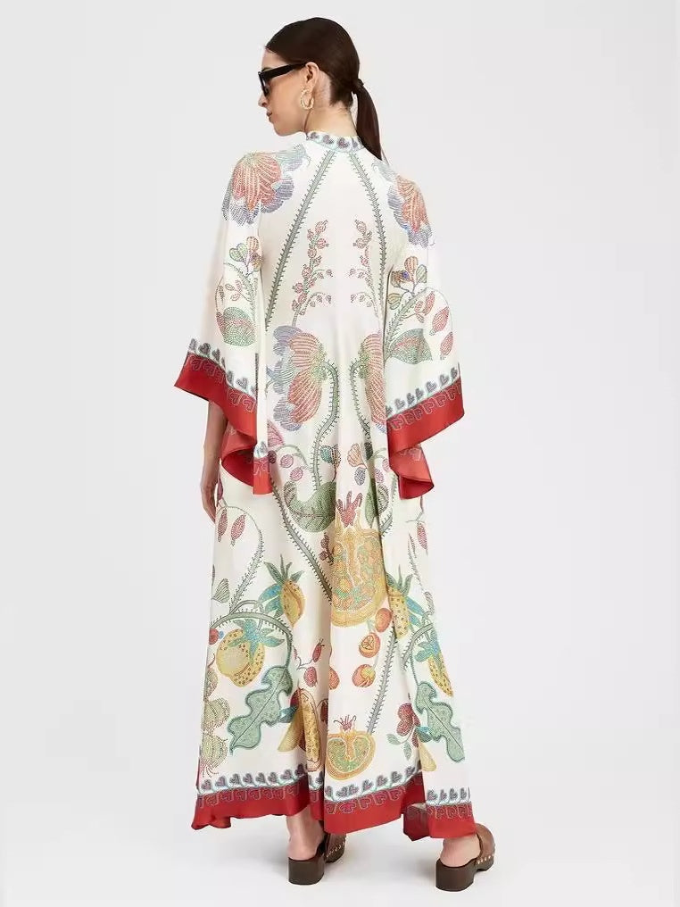 Floral Print Three-quarter Sleeve Stand Collar Long Dress