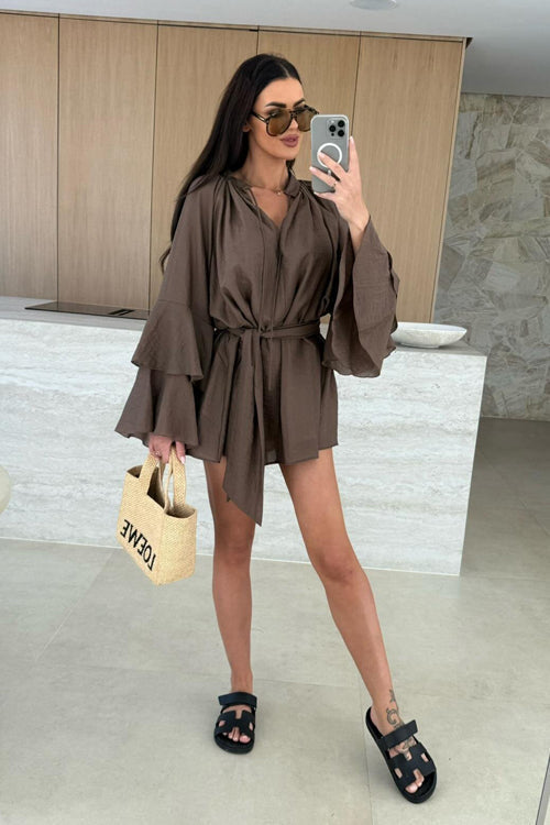Textured Bell Sleeve Tie Waist Deep V-Neck Romper