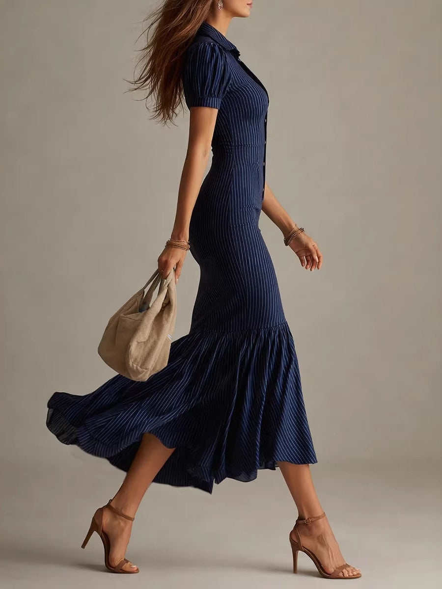 Casual Short-sleeved Striped Fishtail Maxi Dress