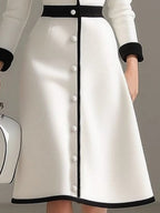 French Lapel Black And White Color Blocking High Waist Three-quarter Sleeves Workplace Midi Dresses