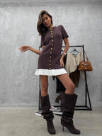 Contrasting Edges Slim-fit Button Short Sleeve Ruffle Mini&Short Dresses