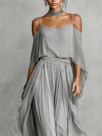 Gray Chiffon Off-shoulder Camisole Wide-leg Pants Two-piece Set