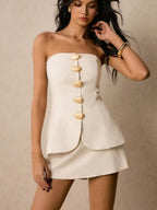 Button-down Strapless Top And Wide-leg Shorts Set