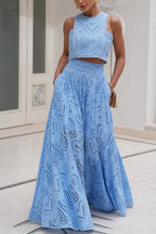Lace Hollow Out Crewneck Crop Tank Top High Waist Maxi Swing Skirt Set