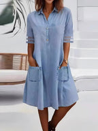Mesh-paneled Solid Color Denim Short-sleeved Midi Dress