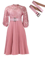 Lace Cutout Lace Patchwork With Belt Long Sleeves Midi Dresses