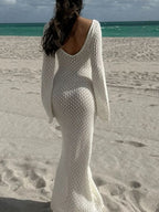 V-neck Round Button Long-sleeved Vacation Maxi Dress/beach Wear