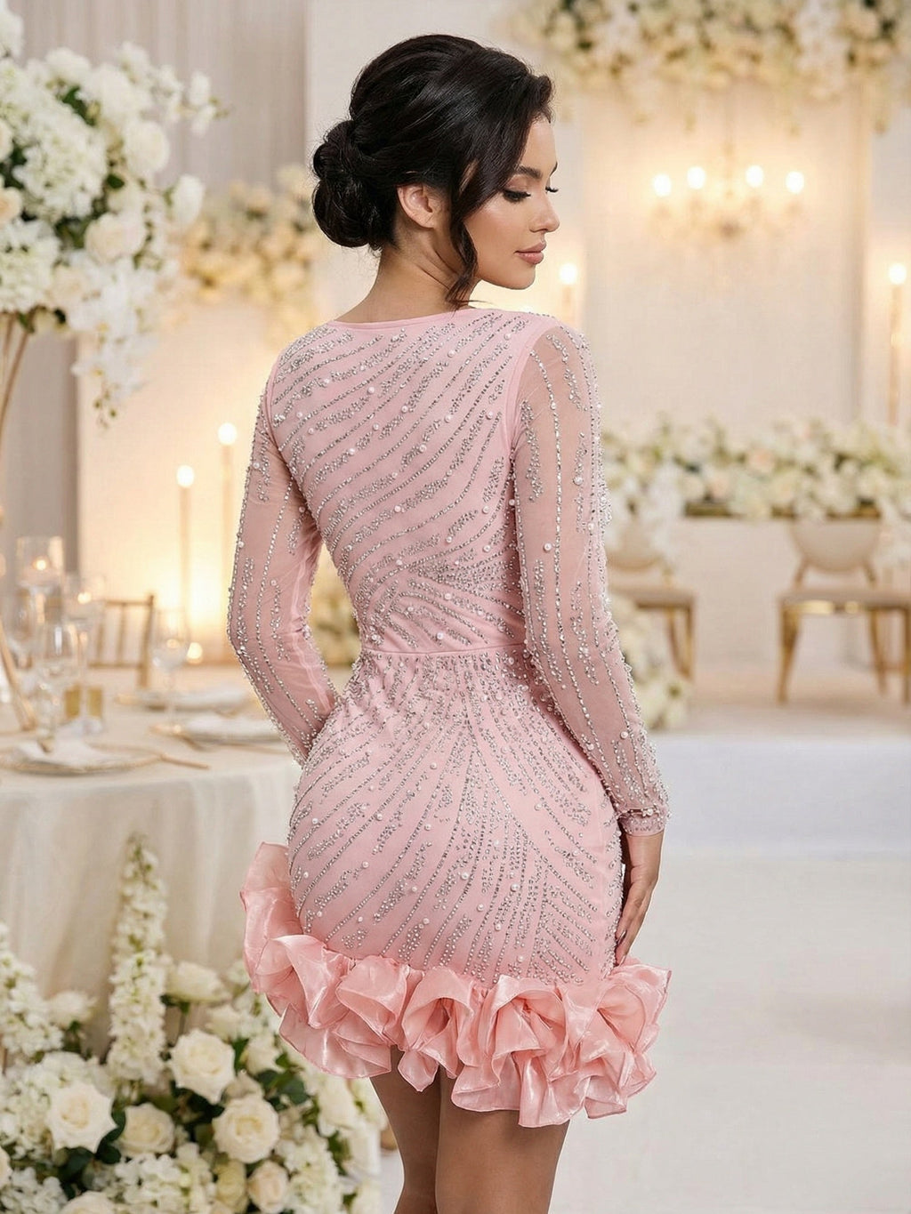 3D Flowers Hot-fix Rhinestones And Bubble Beads Evening Gown Sheer Long-sleeved Square Neck Mini&Short Dresses