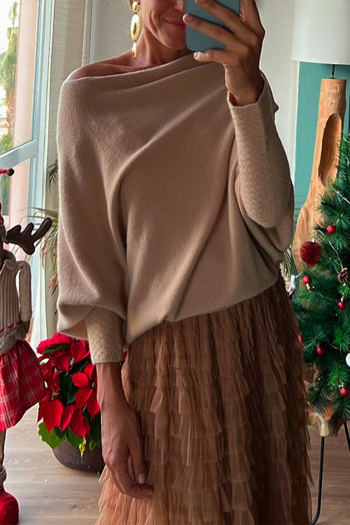 Boat Neck Batwing Sleeves Cozy Pullover Sweater