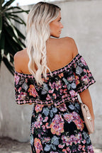 Off Shoulder Ruffle Bardot Tiered Sash Tie Tropical Floral Maxi Dress