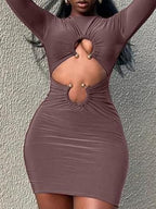 Hollow Out Metal Decoration Slim Fit Hip Body Long Sleeves Mini&Short Dresses