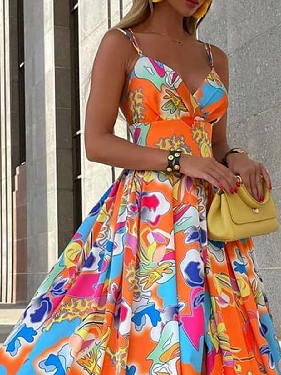 Chiffon Print Dress, Bohemian Resort Style Long Dress
