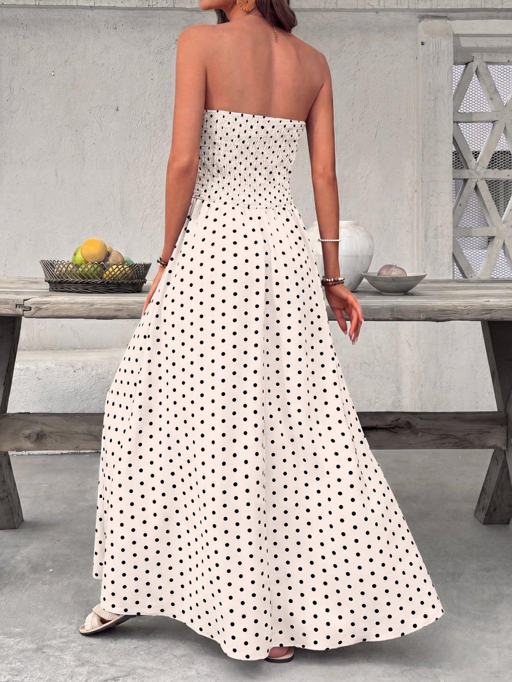 Polka Dots Tucking And Waist-cinching Strapless Maxi Dresses