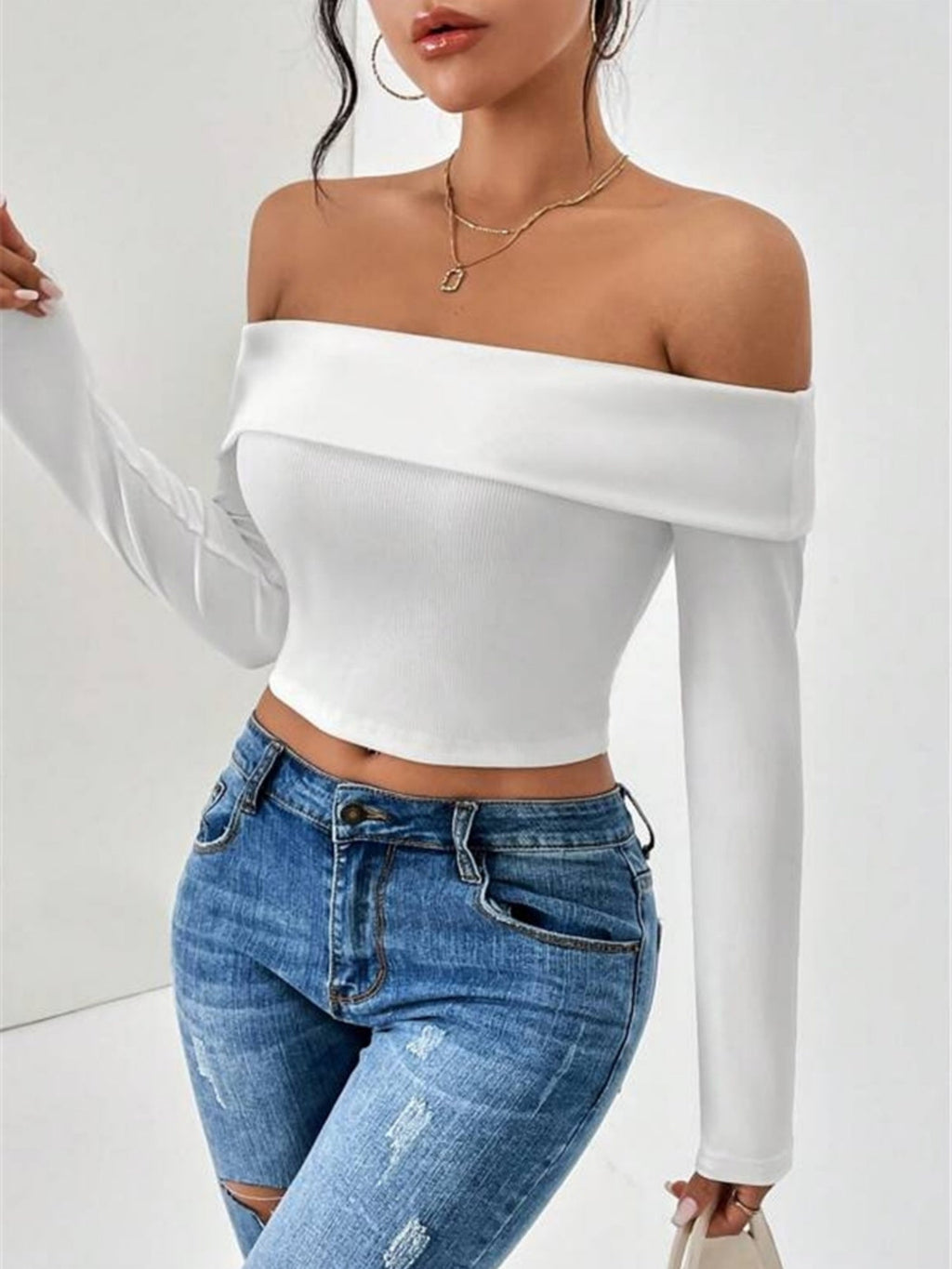 Off-shoulder Slim Fit Short Long-sleeved T-shirt