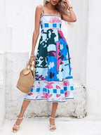 Square Neck Spaghetti Strap Abstract Tropical Print Midi Dress