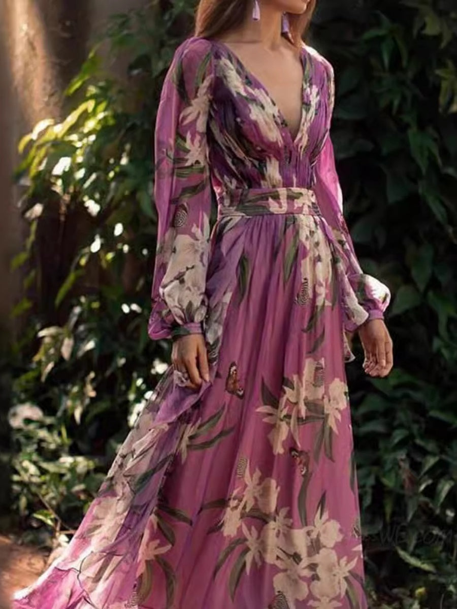 Floral Print V-neck Maxi Dresses