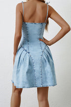 Denim Spaghetti Strap Bustier Zip Front Pleated Fit and Flare Mini Dress