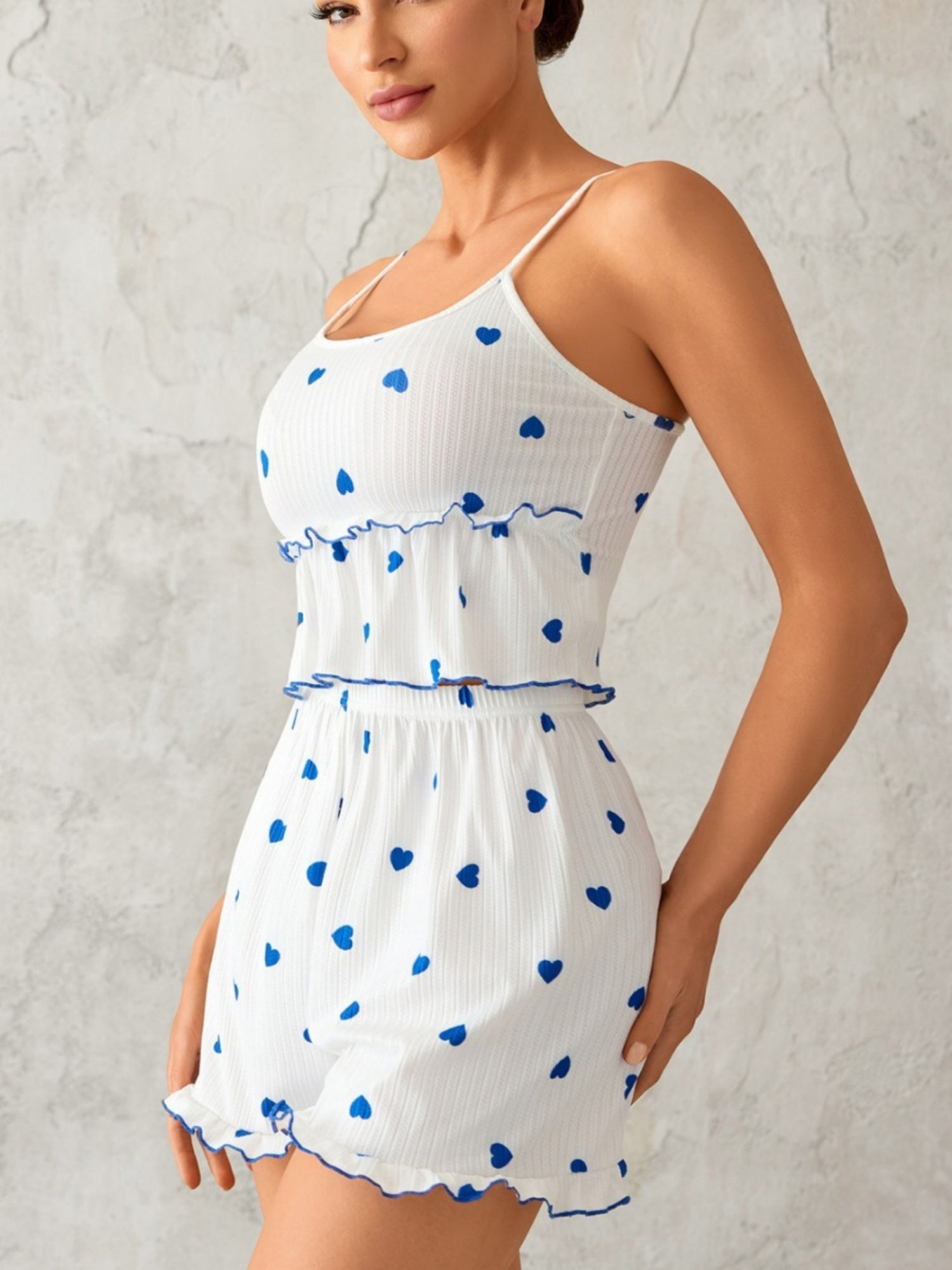 Heart-shaped Ruffles Tank Top And Shorts Loungewear 2-piece Sets