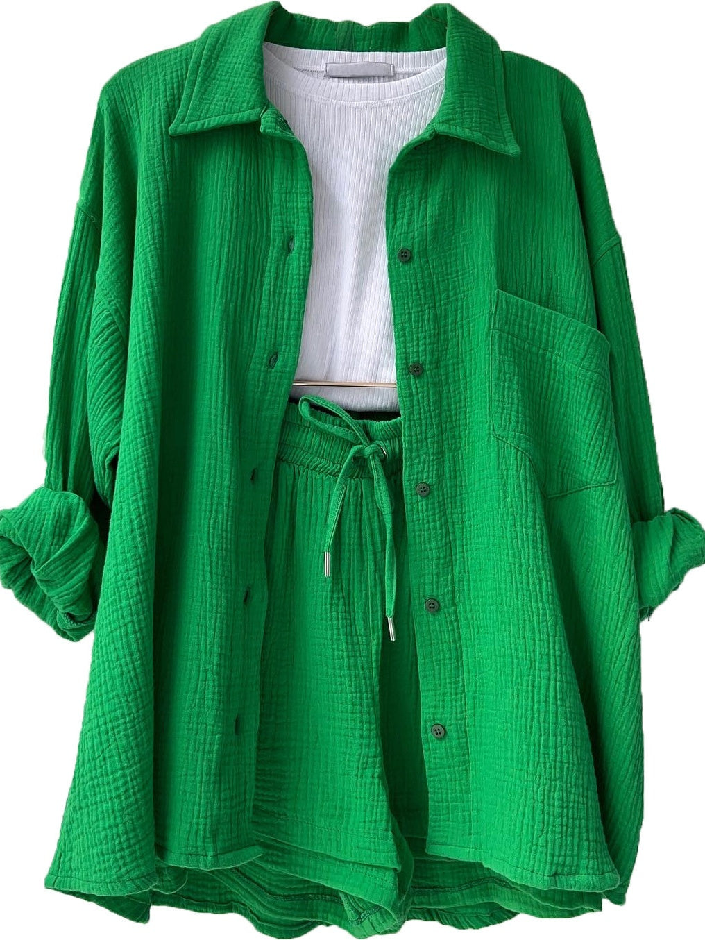 Long-sleeved Shirt And High-waisted Drawstring Shorts Casual Two-piece Set