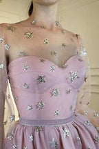 Illusion Yoke Sweetheart Puff Sleeve Star Applique Tulle Mini Dress