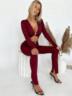 Metal Decoration Pleated Long-sleeved Top Tight High-waisted Trousers 2-piece Sets