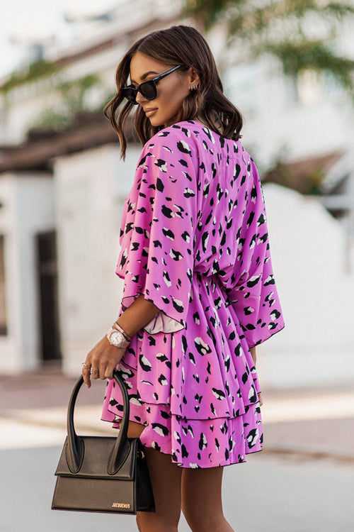 Abstract Print Plunging V-Neck Twist Front Bell Sleeve Tiered Mini Dress