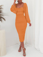 Mesh Bishop Sleeve Square Neck Ruched Bodycon Midi Dress