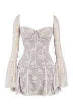 Square Neck Corset Tie Front Floral Lace Bell Sleeve Mini Dress
