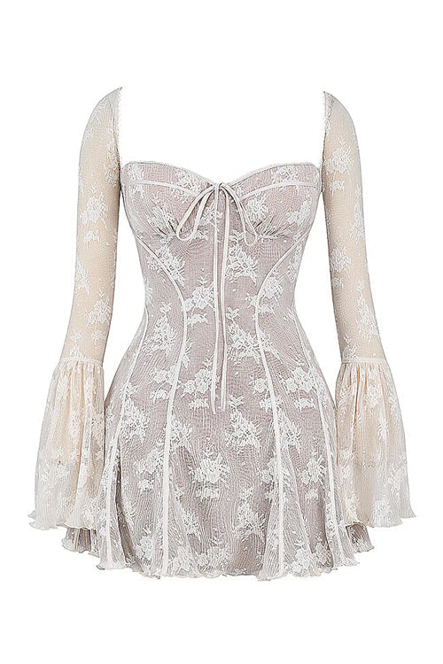 Square Neck Corset Tie Front Floral Lace Bell Sleeve Mini Dress