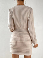 Long-sleeved Brushed Ribbed V-neck Waist Hip-hugging Leisure Short Dress For Work