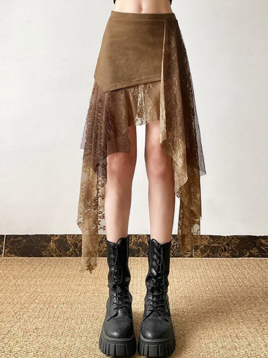 Lace Patchwork Irregular Hem Short Skirt