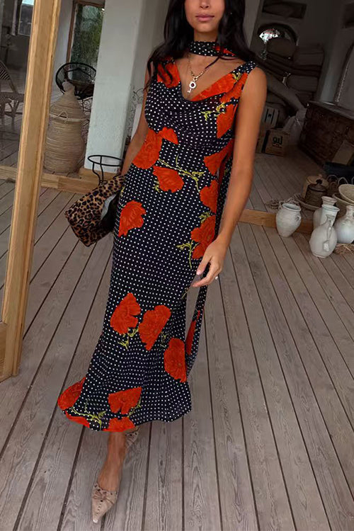 Cowl Neck Backless Floral Print Maxi Dress with Scarf