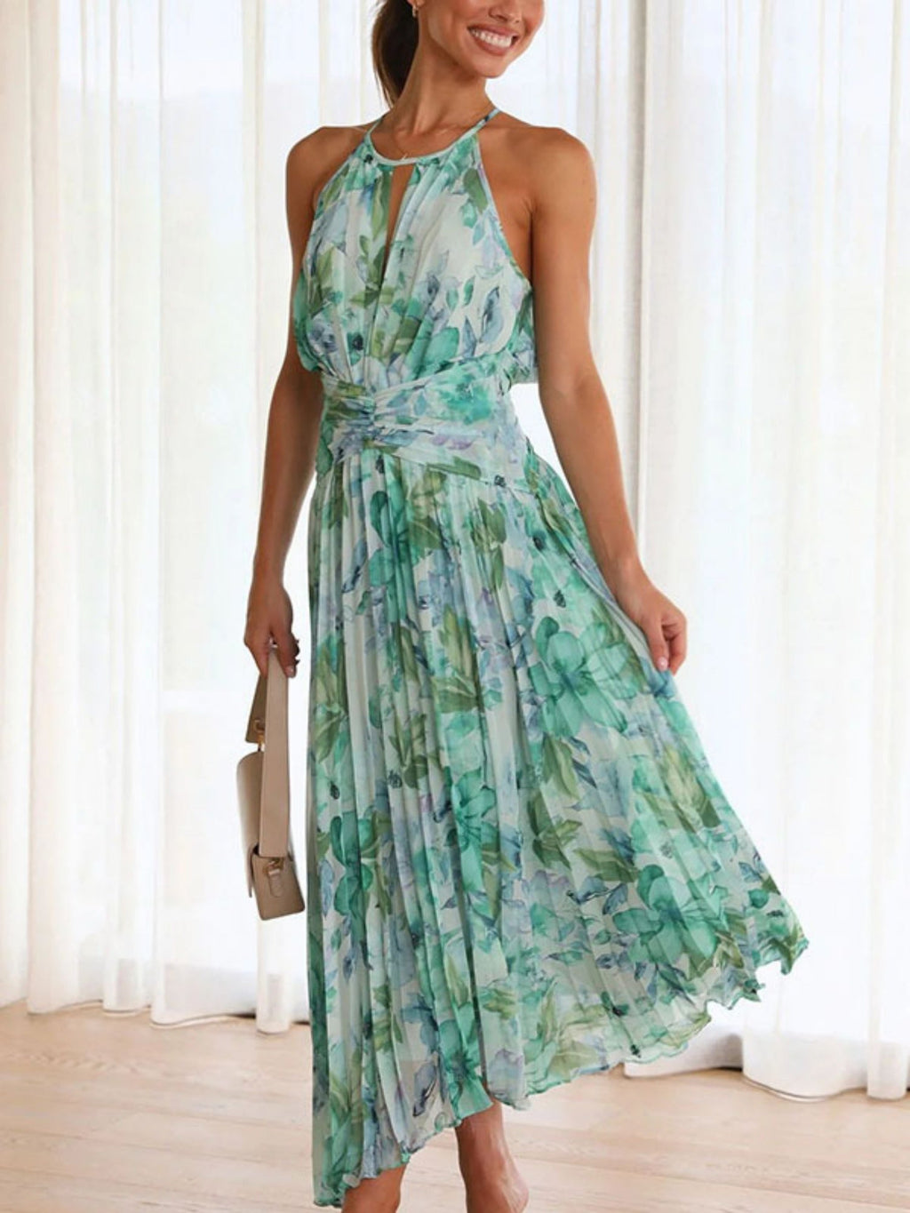 Printed Halter V-neck Sleeveless Maxi Dresses