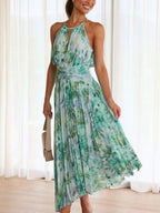 Printed Halter V-neck Sleeveless Maxi Dresses