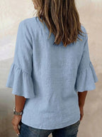 V-neck Solid Color Button Casual Ruffle Sleeve T-shirt