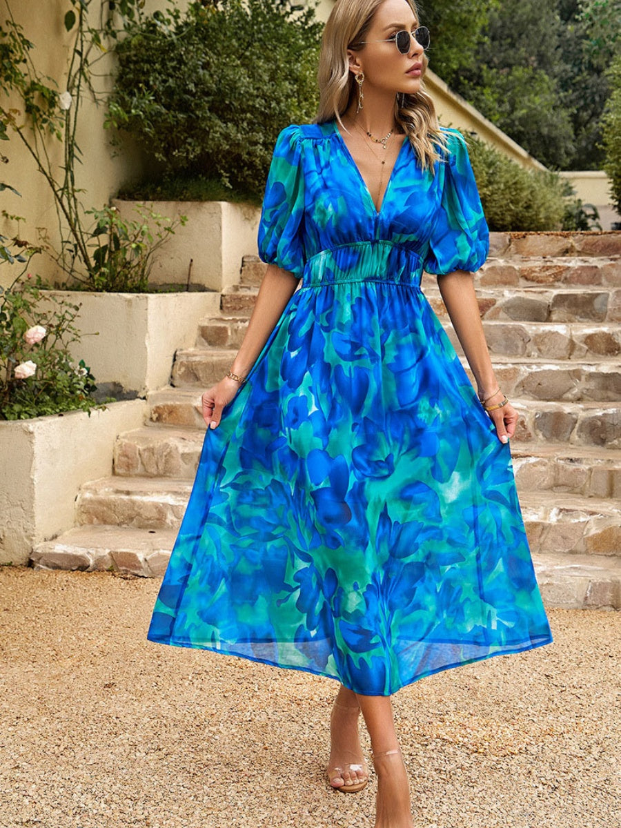 Floral Short Sleeve V-neck Vacation And Leisure Maxi Dresses