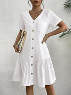 Single Row V-neck Loose-fit Short Sleeve Mini&Short Dresses