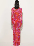 Lettuce Edge Boat Neck Long Sleeve Abstract Swirl Print Mesh Maxi Dress