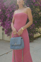 Strapless Tube Striped Knit Maxi Bodycon Dress