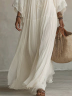 Batwing Sleeves V-neck Lace Stitching Beach Dress Seaside Smock Maxi Dresses
