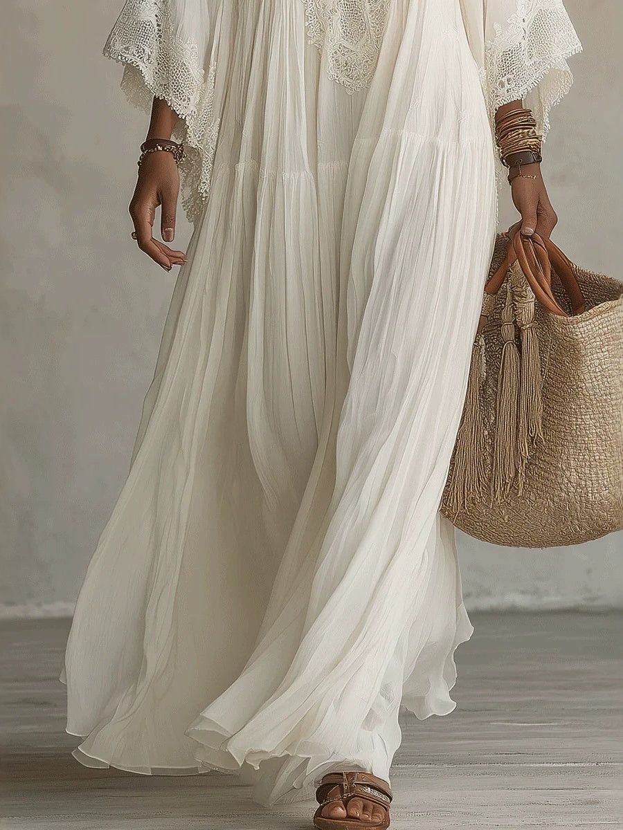 Batwing Sleeves V-neck Lace Stitching Beach Dress Seaside Smock Maxi Dresses