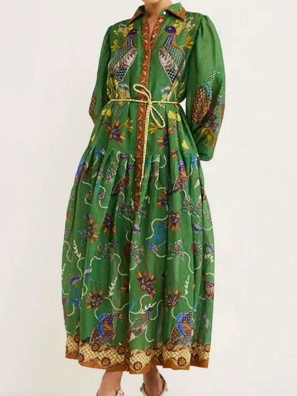 Floral Print Bohemia Polo Collar Lantern Sleeves Maxi Dresses