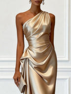 Off-the-shoulder Satin Pleated Midi Dress