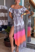 Ruffle Off Shoulder High Slit Tie Dye Maxi Swing Dress