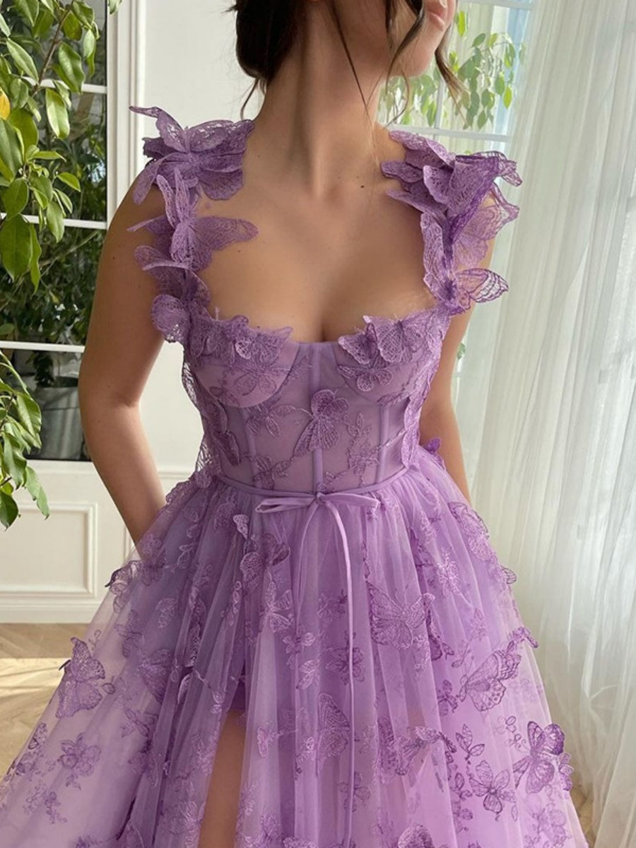 Sleeveless High-slit 3D Floral Purple Midi Dress