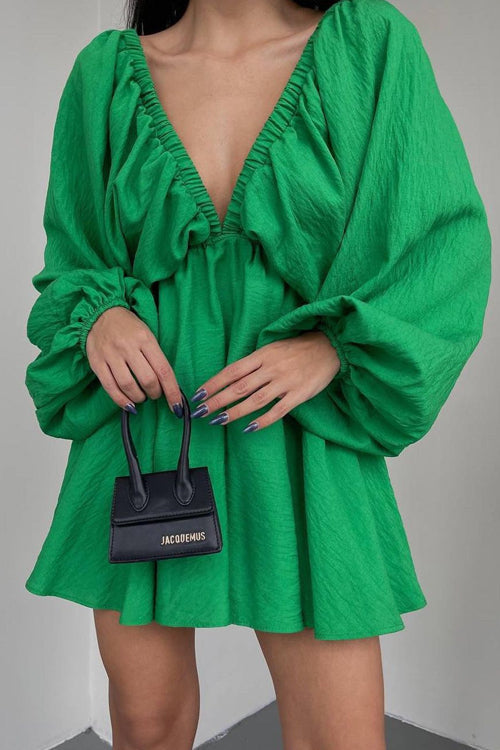 Crinkle Texture Deep V-Neck Puff Sleeve Babydoll Mini Dress