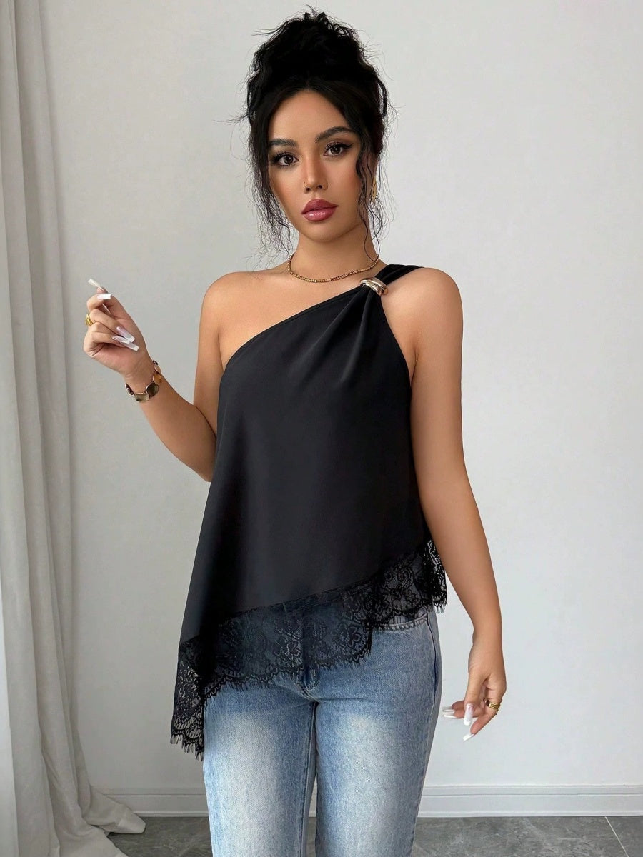 Irregular Hem Lace Stitching Sloping Shoulders Metal Tank Tops&Camis