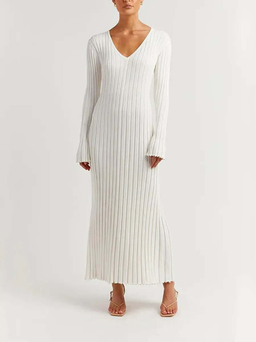 Deep V-Neck Ribbed Knit Long Sleeve Lettuce Edge Trim Maxi Dress