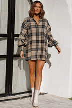 Plaid Oversized Balloon Sleeve Button Front Shirt Mini Dress
