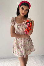 Square Neck Tie Front Puff Sleeve Ditsy Floral Milkmaid Mini Dress
